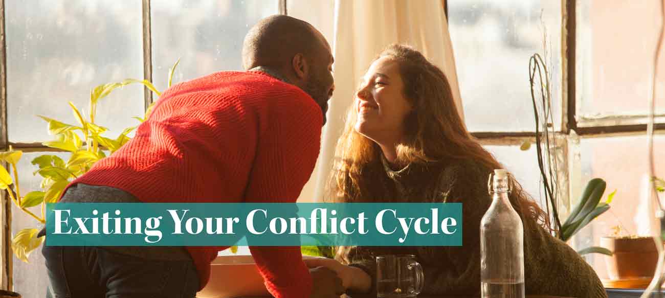 Secure, happy mixed-race couple with title "Exiting Your Conflict Cycle"
