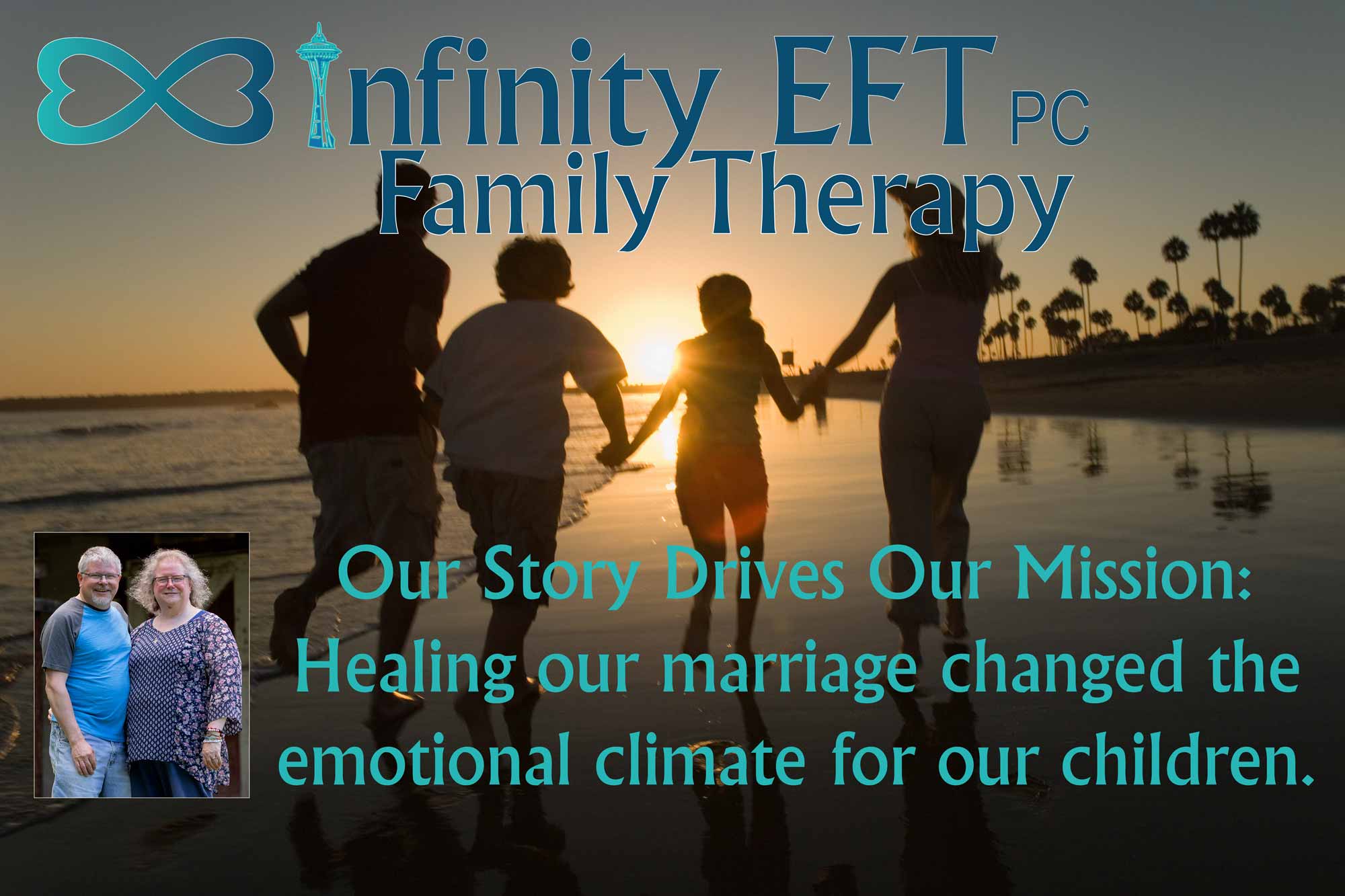 Family on Beach at sunset with picture of Dennis and Kim Eames , Infinity EFT Family Therapy Logo and text
